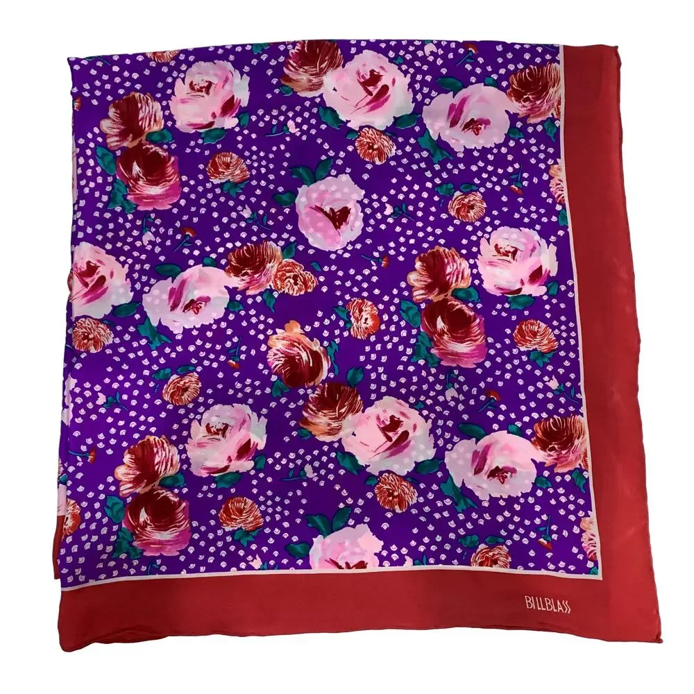 Bill Blass Silk Scarf Vintage 80s Purple Pink Floral Red Border 35